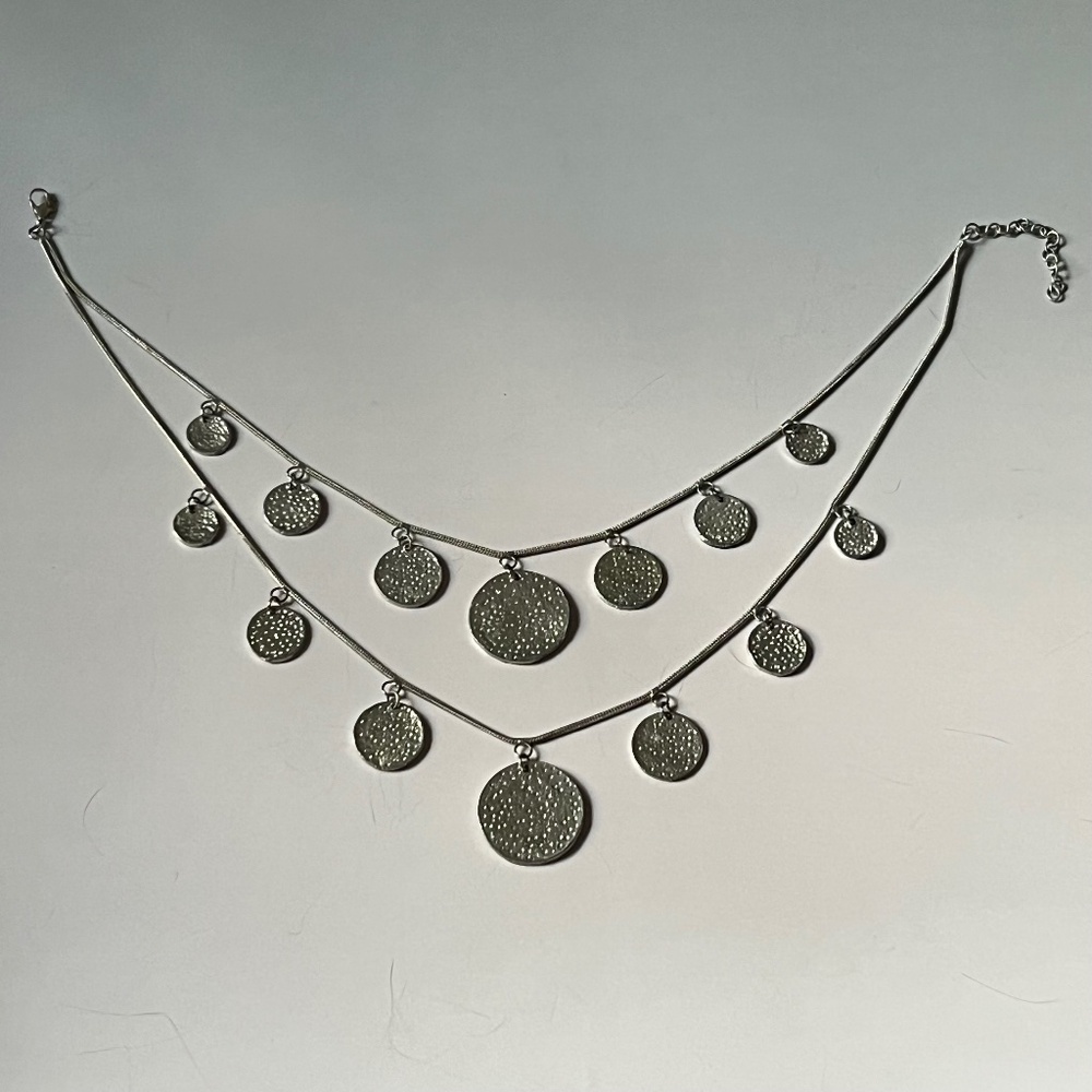 Layered Silver Disc Necklace – Hammered Metal Look Mid-length